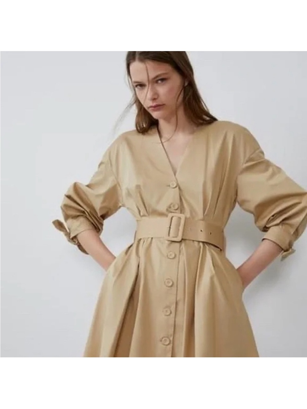 Zara 3/4 sleeve belted v neck tan button down dress
